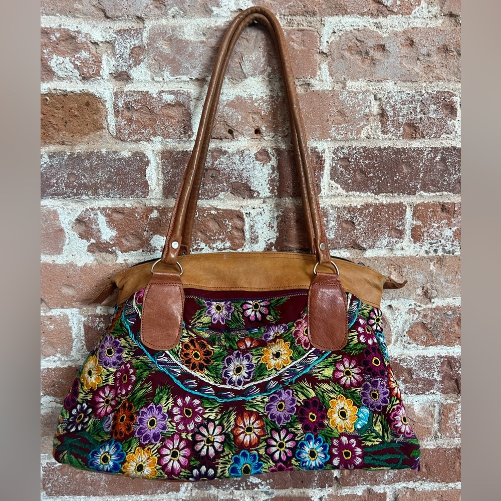 Vintage hand embroidered floral leather hand bag shoulder bag free people